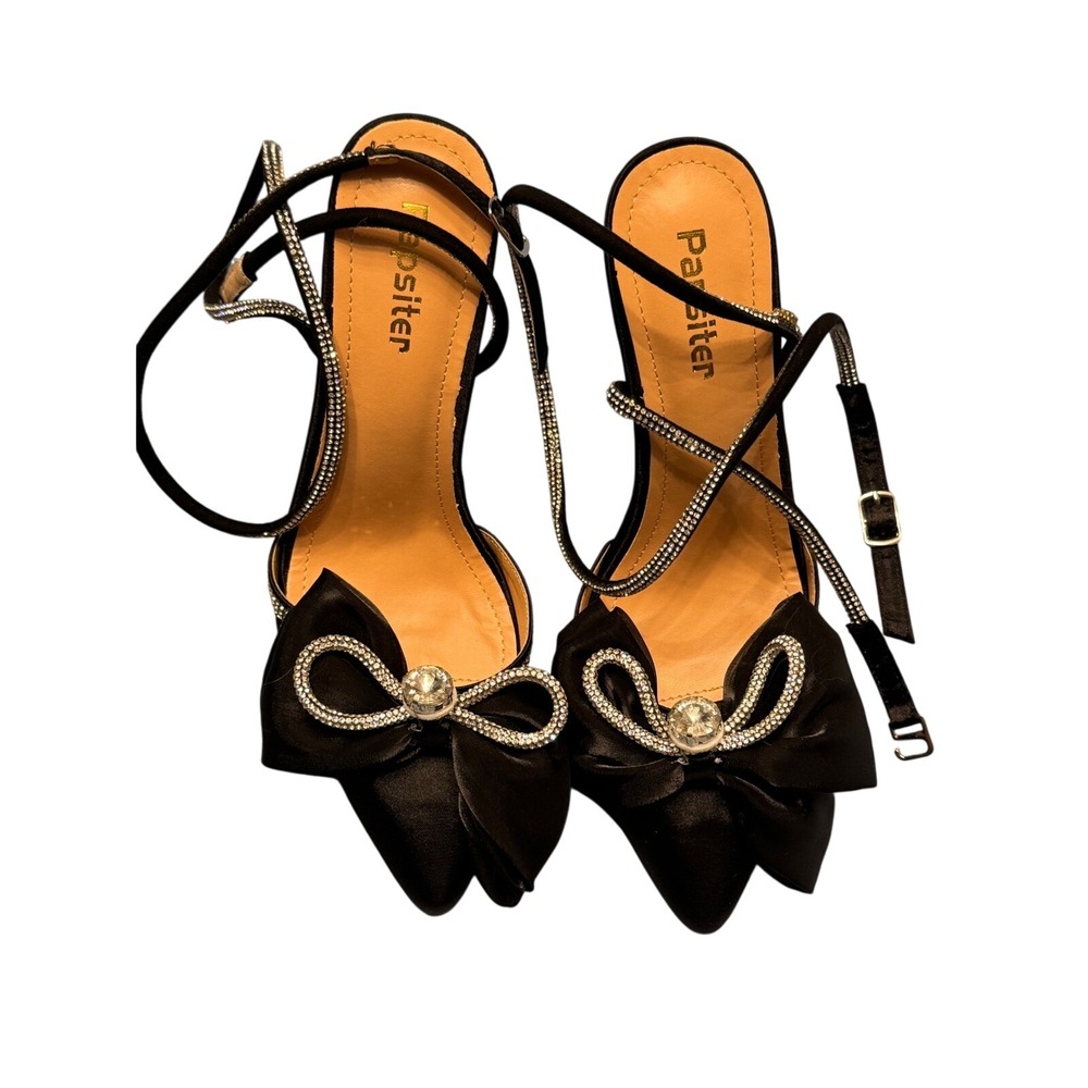 PAROSITER Black Rhinestone Bow‎ Heels Ankle Strap Pointed Toe Pumps Party size 7